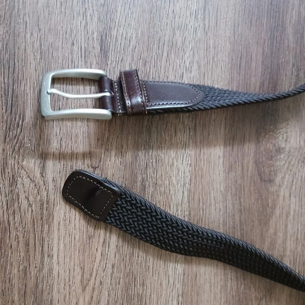 Lands End Brown Woven Braid Elastic Belt‎ W/ Brown Leather Men's Medium 32-34